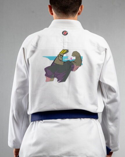 Johnny Bravo embroidery on the back of a white BJJ Gi