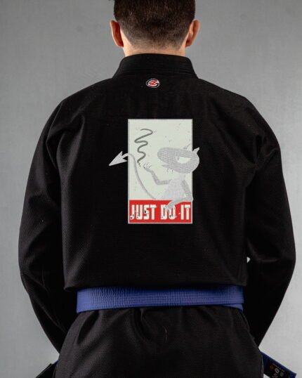 Just Do It embroidery on the back of a black BJJ Gi