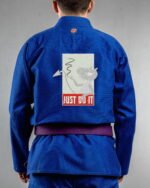 Just Do It embroidery on the back of a blue BJJ Gi