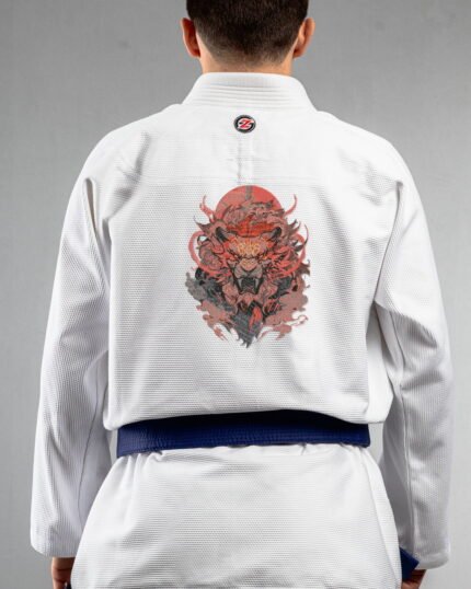 Lion embroidery on the back of a white BJJ Gi