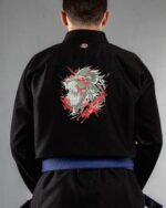 Lion Roar embroidery on the back of a black BJJ Gi