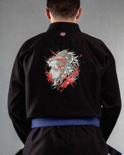 Lion Roar embroidery on the back of a black BJJ Gi