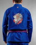 Lion Roar embroidery on the back of a blue BJJ Gi