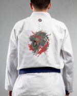 Lion Roar embroidery on the back of a white BJJ Gi