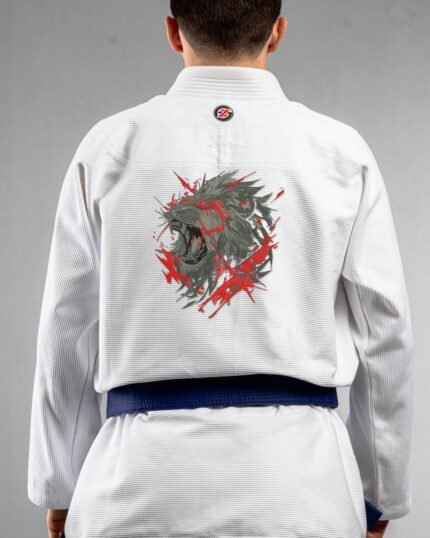 Lion Roar embroidery on the back of a white BJJ Gi