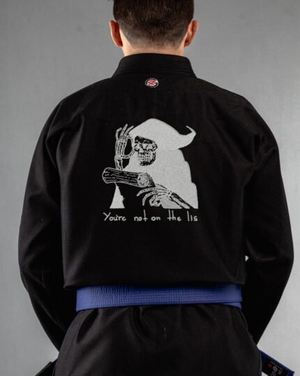 List embroidery on the back of a black BJJ Gi