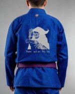 List embroidery on the back of a blue BJJ Gi