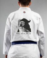 List embroidery on the back of a white BJJ Gi