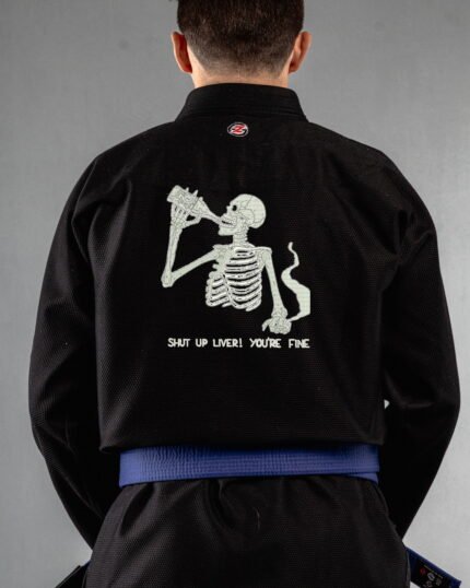 Shut Up Liver You're Fine embroidery on the back of a black BJJ Gi