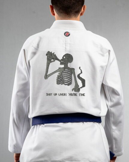 Shut Up Liver You're Fine embroidery on the back of a white BJJ Gi