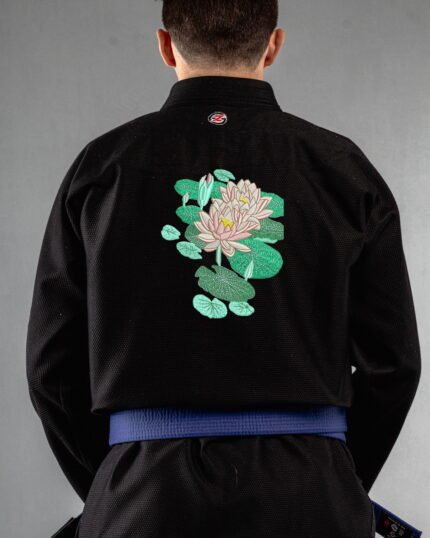 Lotus embroidery on the back of a black BJJ Gi
