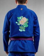 Lotus embroidery on the back of a blue BJJ Gi