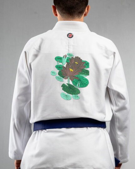 Lotus embroidery on the back of a white BJJ Gi