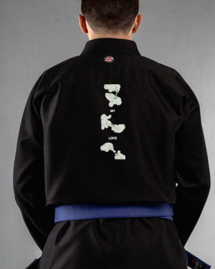 My Love Language embroidery on the back of a black BJJ Gi