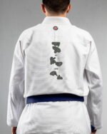 My Love Language embroidery on the back of a white BJJ Gi