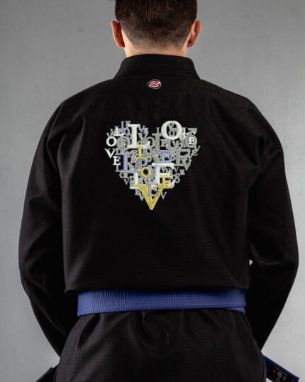 Love Love embroidery on the back of a black BJJ Gi