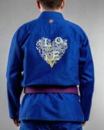 Love Love embroidery on the back of a blue BJJ Gi