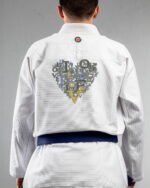 Love Love embroidery on the back of a white BJJ Gi