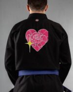 Love Rose embroidery on the back of a black BJJ Gi