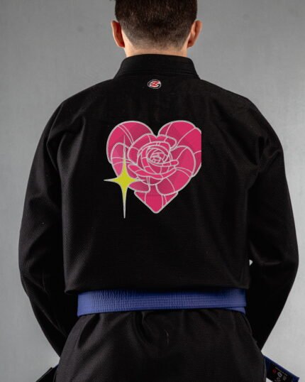 Love Rose embroidery on the back of a black BJJ Gi