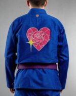 Love Rose embroidery on the back of a blue BJJ Gi