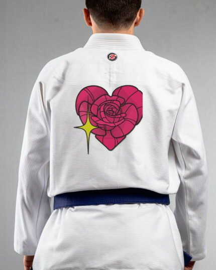 Love Rose embroidery on the back of a white BJJ Gi