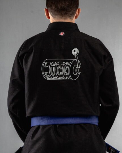 Luck embroidery on the back of a black BJJ Gi