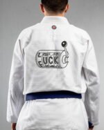 Luck embroidery on the back of a white BJJ Gi