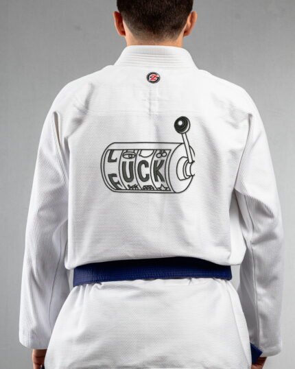 Luck embroidery on the back of a white BJJ Gi