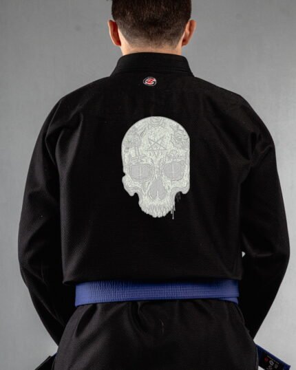 Macabre Chaos embroidery on the back of a black BJJ Gi