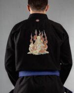 Meditate embroidery on the back of a black BJJ Gi