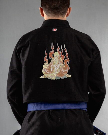 Meditate embroidery on the back of a black BJJ Gi