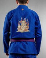 Meditate embroidery on the back of a blue BJJ Gi