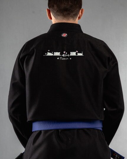 Meow (minimal) embroidery on the back of a black BJJ Gi