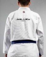 Meow (minimal) embroidery on the back of a white BJJ Gi