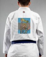 Messi embroidery on the back of a white BJJ Gi