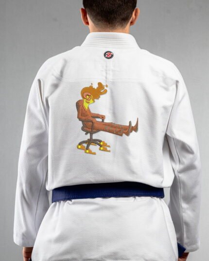 Mind To Hot To Rest embroidery on the back of a white BJJ Gi