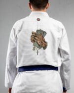 Money & Faith embroidery on the back of a white BJJ Gi