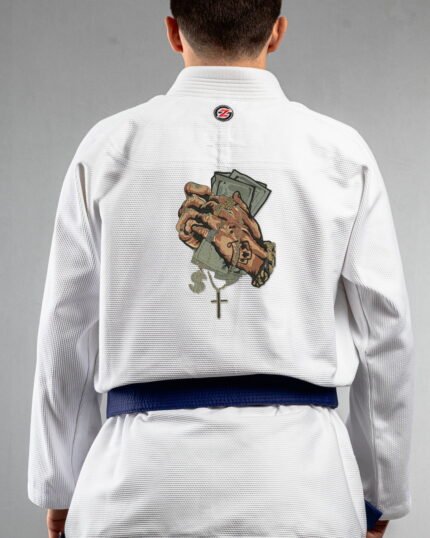 Money & Faith embroidery on the back of a white BJJ Gi