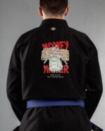Money Maker embroidery on the back of a black BJJ Gi