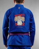 Money Maker embroidery on the back of a blue BJJ Gi