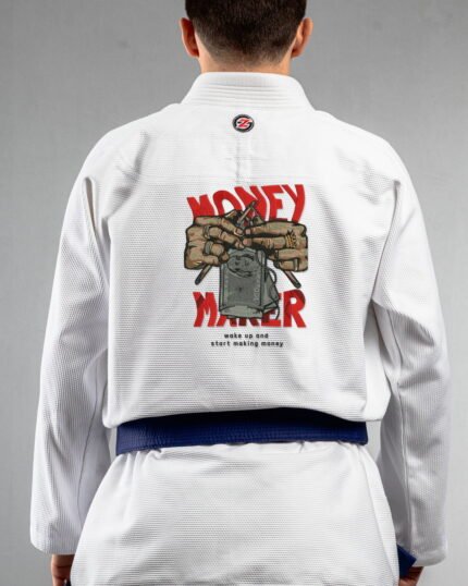Money Maker embroidery on the back of a white BJJ Gi
