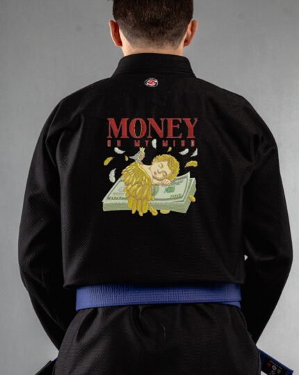 Money On My Mind embroidery on the back of a black BJJ Gi