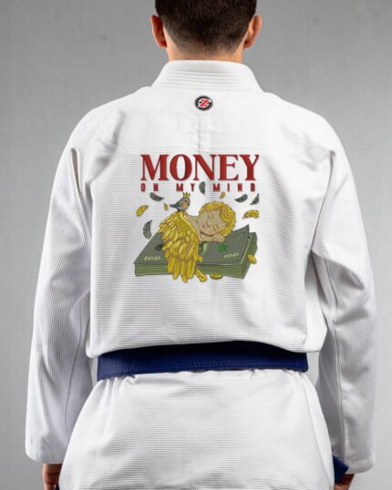 Money On My Mind embroidery on the back of a white BJJ Gi