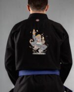 Beer & Monkey embroidery on the back of a black BJJ Gi