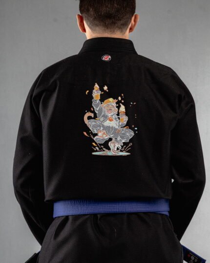 Beer & Monkey embroidery on the back of a black BJJ Gi