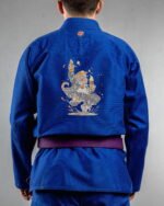 Beer & Monkey embroidery on the back of a blue BJJ Gi