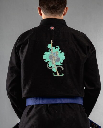 Monkey King embroidery on the back of a black BJJ Gi