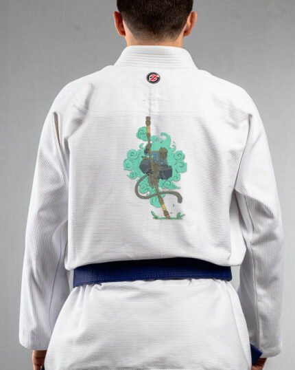 Monkey King embroidery on the back of a white BJJ Gi