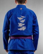 Monster Mouth embroidery on the back of a blue BJJ Gi